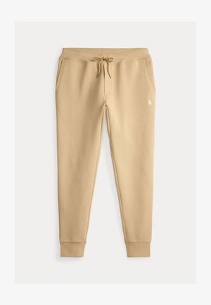 Beige slim-fit joggingbukser med snøre i taljen, sidelommer, ribbet kant og lille hvidt broderet logo på venstre lår.