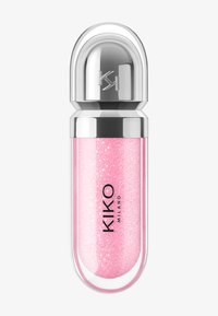 Gloss à lèvres pailleté rose avec un bouchon argenté, le nom de la marque "KIKO MILANO" sur le contenant, présenté sur un fond blanc.