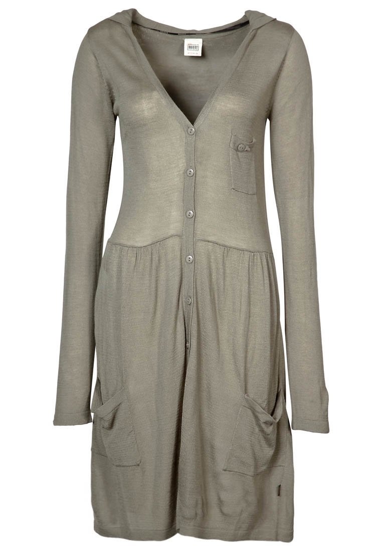 Vestito con maniche lunghe e cappuccio in tessuto grigio chiaro con chiusura a bottoni, una tasca frontale e due tasche laterali. Tessuto morbido, sagoma svasata.