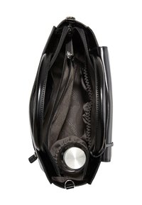 Schwarze Ledertasche mit oberen Griffen, innenliegendem Reißverschlussfach, elastischen Seitentaschen und einer Edelstahl-Wasserflasche darin.