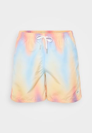 Costume de baie dintr-un material ușor, cu un model gradient în culori pastelate de albastru, roz și galben, având un cordon ajustabil la talie.