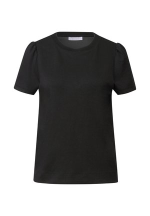 Sort kortærmet t-shirt med rund halsudskæring og puffede ærmer. Fremstillet af blødt stof, der har en glat tekstur og et enkelt design.