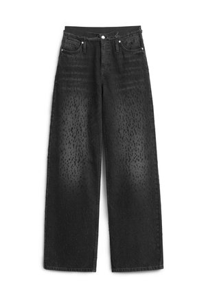 Black wide-leg jeans with a textured surface, featuring subtle fading patterns, five pockets, a button fly, and a frayed waistline.
