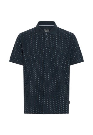 Dunkelmarineblaues Poloshirt mit kleinen hellblauen Kreuzmustern, kurzen Ärmeln, Zwei-Knopf-Leiste und Kragen.