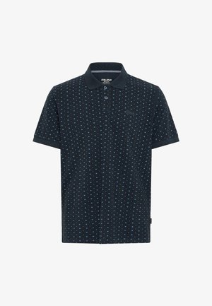 Sötét tengerészkék pólóing kis világoskék keresztmintákkal, rövid ujjú, kétgombos patenttal és gallérral.