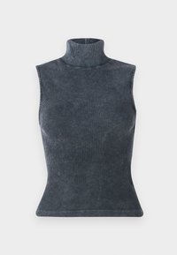 Top sem mangas em tecido canelado cinza escuro, com silhueta ajustada e textura suave, apresentando uma bainha curva.