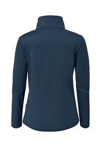 Pull-over à manches longues bleu marine avec un col montant, fabriqué dans un tissu doux et flexible, présentant des coutures plates et un design léger.