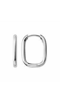 Srebrne metalowe kolczyki o geometrycznym, wydłużonym kształcie kwadratu z gładką, polerowaną teksturą i z bezpiecznym mechanizmem zapięcia.