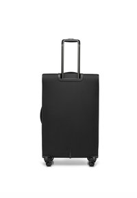 Schwarzer Koffer mit hartem Gehäuse, ausziehbarem Griff, vier rollen Rädern und glatter Oberfläche, entworfen für Reisen und Komfort.