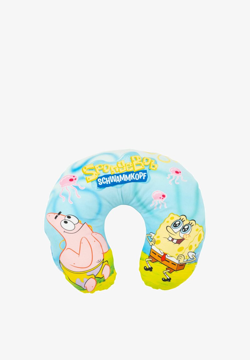 Cuscino per il collo a forma di U, con design di SpongeBob e Patrick su uno sfondo azzurro chiaro con motivi di meduse. Finitura in tessuto morbido.