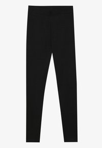 Leggings neri realizzati in tessuto elastico, con un cinturino senza cuciture e un design aderente che si estende fino alla caviglia.