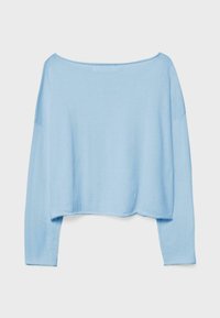 Haut bleu clair à manches longues avec une coupe décontractée. Il présente une large encolure bateau et un tissu doux et texturé. Ourlet court avec épaules tombantes.