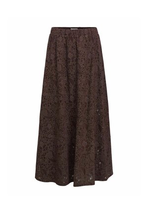 Jupe midi marron avec taille élastique présentant un motif floral découpé et une silhouette fluide en ligne A.