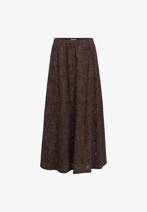 Jupe midi marron avec taille élastique présentant un motif floral découpé et une silhouette fluide en ligne A.