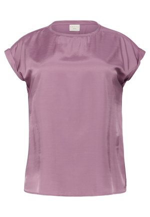 Lavendelkleurige, kortom afgesloten blouse van glad satijnmateriaal. Heeft een ronde halslijn en een ontspannen pasvorm met opgerolde mouwdetails.