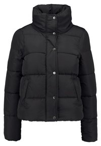 Czarna kurtka puchowa z wysokim kołnierzem, zapięciem na zatrzaski, pikowaną fakturą i bocznymi kieszeniami. Miękka, gładka powierzchnia.