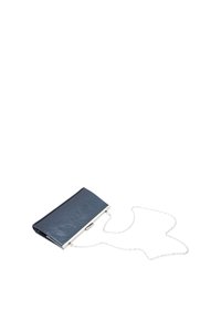 Small rectangular black leather clutch with silver frame and delicate silver chain strap on white background.