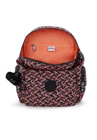 Black bag with floral pattern in pink and orange. Interior features orange lining and a zip pocket. Hardware includes a monkey keychain.
