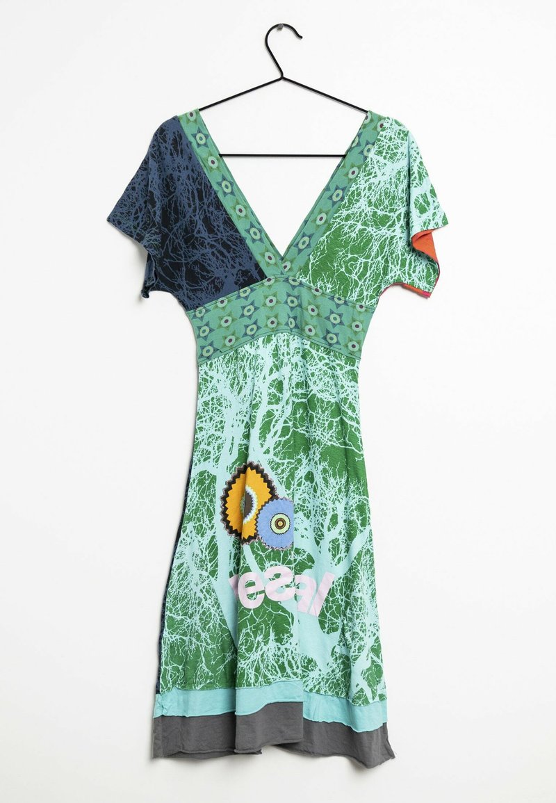 Robe Desigual Velours Bleu-Vert Taille 42 - Manches Courtes Doublée | Robe Casual Velours Fleurie