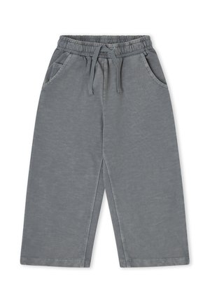 Pantalones grises de pierna ancha con cintura elástica, cordón ajustable y bolsillos laterales, fabricados con tela suave.