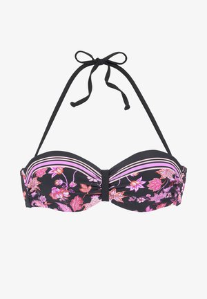 Black bikini top with floral patterns in pink and purple. Features a bandeau shape with pleats and adjustable neck ties. Thin contrasting stripes.