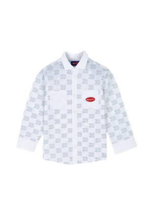 Camicetta bianca a maniche lunghe con logo Bugatti blu, caratterizzata da un motivo continuo con l'emblema Bugatti, due tasche sul petto e chiusura a bottoni.