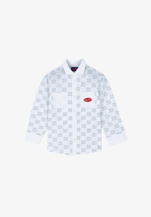 Weißes Hemd mit langen Ärmeln und durchgehendem hellblauem Bugatti-Logo-Muster, zwei Brusttaschen und Knopfverschluss. Leichter Stoff, klassischer Kragen.