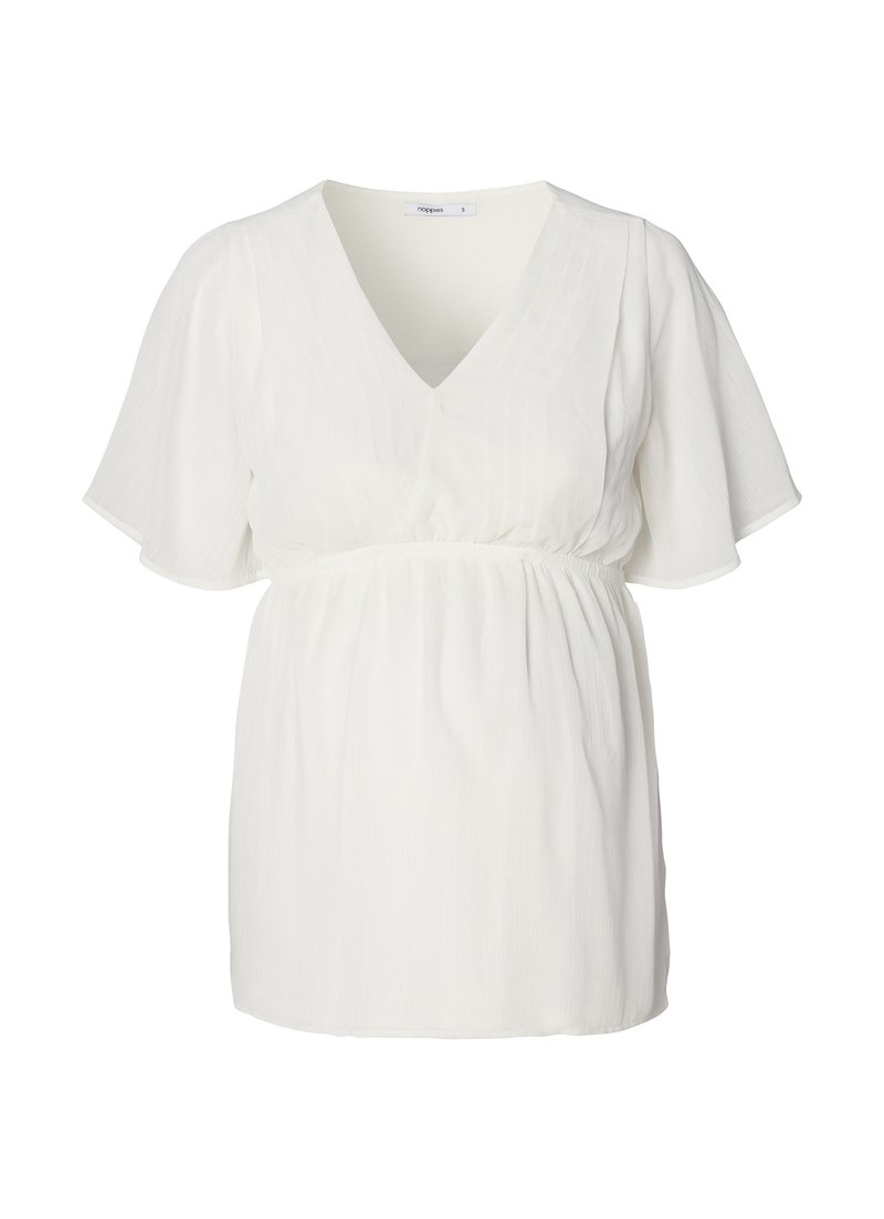 Witte blouse met een v-hals, korte zwierige mouwen en een geplooide taille. Gemaakt van lichte stof met een subtiele verticale textuur.