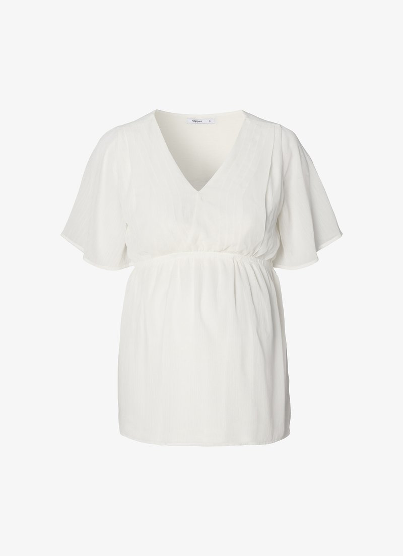 White blouse with a v-neckline, short flutter sleeves, and gathered waist. Made from lightweight fabric with a subtle vertical texture.