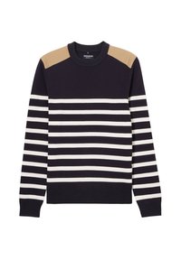 Maglione blu navy con strisce orizzontali color crema; presenta dettagli marroni sulle spalle; realizzato in tessuto a maglia; colletto rotondo e polsini a coste.