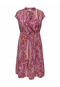 Abito con maniche corte, scollatura a V e cintura legata. Presenta un design a fantasia con sfumature di rosa, viola e marrone in un tessuto fluido.
