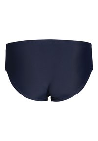 Shorts de bain bleu marine en tissu lisse et élastique, avec une coupe simple et une taille élastique sans accents supplémentaires.
