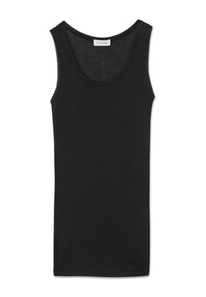 Mustast värvist varrukateta tank-top, millel on ümar kaelus ja mis on valmistatud kerge kangast, asetatud valgele taustale lamedana.