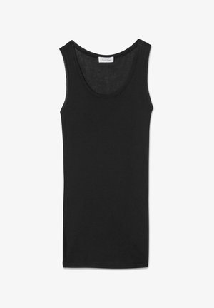 Black sleeveless tank top with scoop neck made from lightweight fabric, laid flat on white background.