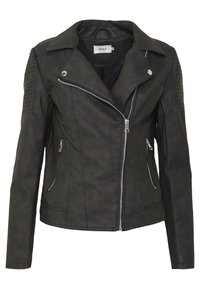 Musta tekonahkainen moottoripyöräjakku, jossa on vetskari edessä, hartiataskut ja ribbetty yksityiskohdat hihoissa. Varustettu kahdella sivuvetskaritaskulla.