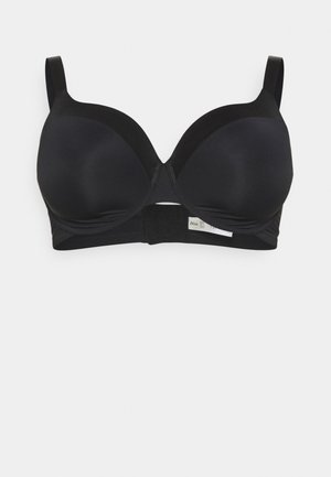 Black padded bra with underwire, smooth texture, adjustable straps, and a hook-and-eye closure at the back. Simple design with no patterns.