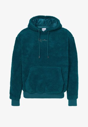 Hoodie en polaire bleu-vert au toucher pelucheux, avec une capuche à cordon de serrage ajustable, une poche avant et des poignets et ourlet côtelés. Présente une broderie de signature discrète.