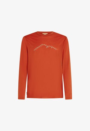 Rust orange long-sleeve shirt with simple mountain line graphic across the chest and a crew neckline.