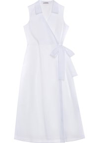 Vit, ärmlös omslagklänning med krage, knuten i midjan med ett band. Slät tyg, knälång med en elegant design.