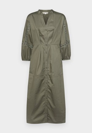 Olive green button-up dress with a V-neck, gathered balloon sleeves, and lace details along the sleeves. Cotton fabric, midi length.