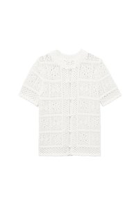 White knitted short-sleeve top with a textured openwork pattern and button closure down the front. Straight-cut hem and round neckline.