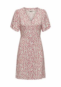 Kukallinen mekko valkoisesta kankaasta, jossa on pieniä punaisia kukkia, lyhyet puff-hihat, V-pääntie ja napitettava etuosa. Kevyt ja hengittävä muotoilu.