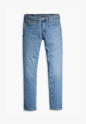 Lichtblauwe denim jeans met een recht-toe-rechtaan ontwerp, vijf zakken, zichtbare stiksels en een knoopsluiting bij de taille.