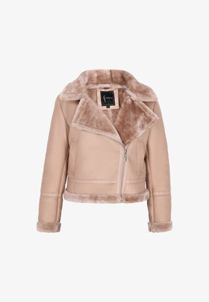 Gola kožna jakna u boji kože s umjetnim krznom na ovratniku i manžetama, skraćenog dizajna, s bočnim zatvaračem. Teksturirana površina s detaljima šivanja.