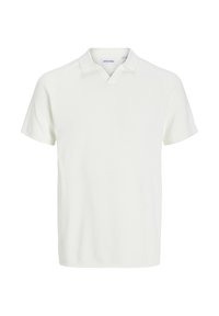 Polo blanc à manches courtes avec tissu texturé et petite ouverture au col, devant uni, sans logos ni motifs visibles.