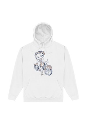 Hvid hættetrøje med et grafisk motiv af en tegneseriefigur på en motorcykel. Tegnet i blå og brune nuancer, med en frontlomme og snøre i hætten.