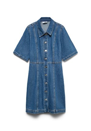 Robe en jean bleu à manches courtes avec fermeture à boutons sur le devant, col et détails de coutures verticales.