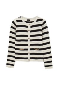 Cardigan a righe bianche e nere in tessuto lavorato a maglia, con collo tondo, bottoni frontali e due tasche decorative con dettagli dorati.