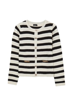 Cardigan a righe bianche e nere in tessuto lavorato a maglia, con collo tondo, bottoni frontali e due tasche decorative con dettagli dorati.