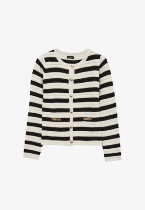 Cardigan a righe bianche e nere in tessuto lavorato a maglia, con collo tondo, bottoni frontali e due tasche decorative con dettagli dorati.